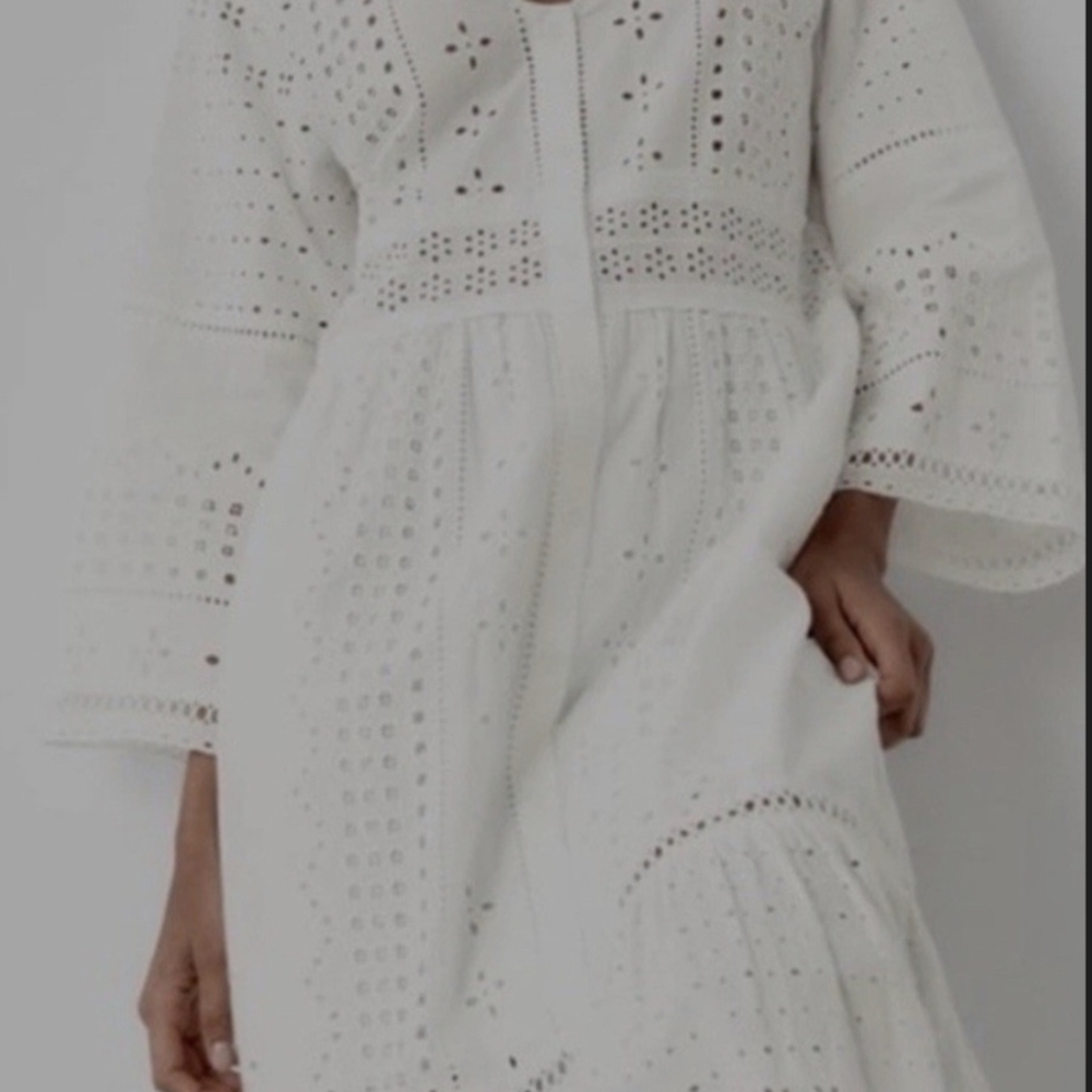 Zara White Long Sleeve Eyelet Maxi Dress